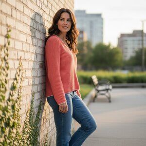 Lorena Antoniazzi Made in Italy Cotton V-Neck Sweater S/M Coral & Cream 290H